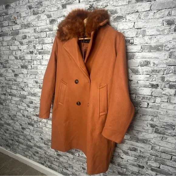 EUC XULIKU Women's Brown Double-Breasted Trench Coat Faux Fur Collar Size XXL - Picture 3 of 16